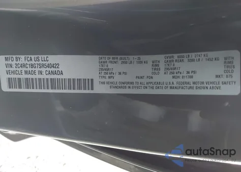 2025 Chrysler Pacifica Select z USA, uszkodzony, nr VIN 2C4RC1BG7SR540422